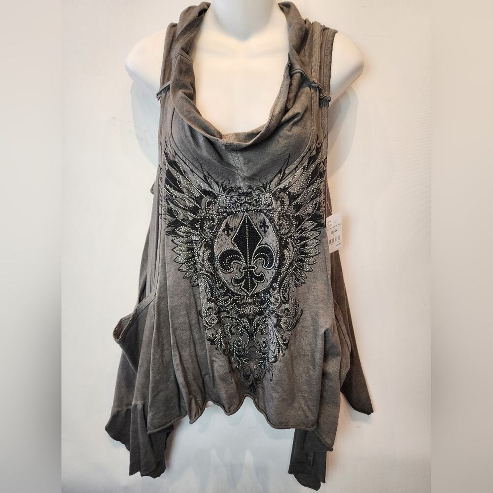 Coral New Gray Cowl Neck Top Pockets Rhinestones Sharkbite Feathers‎ Size L - Picture 4 of 9